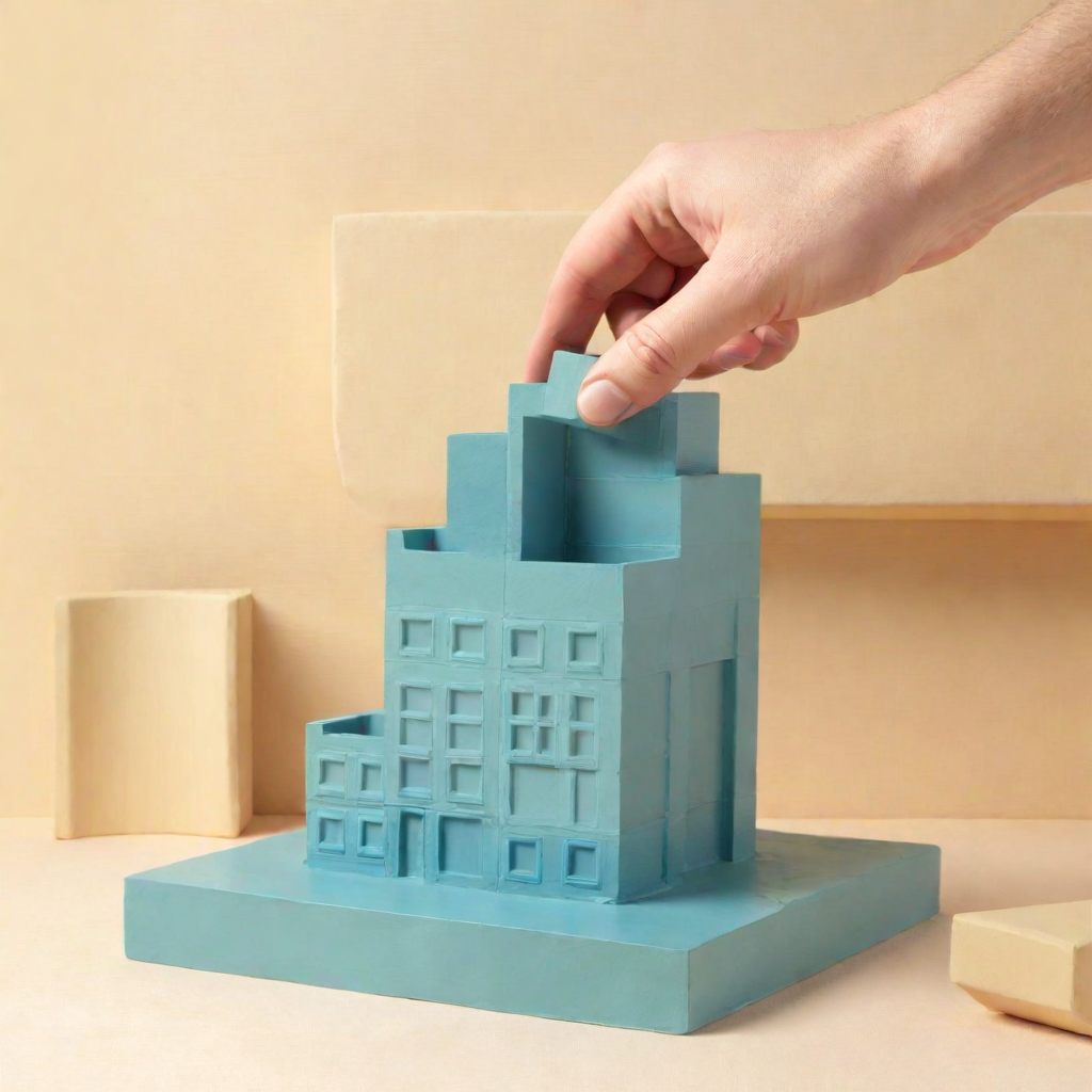A hand counting the pieces which conform an abstract building model.