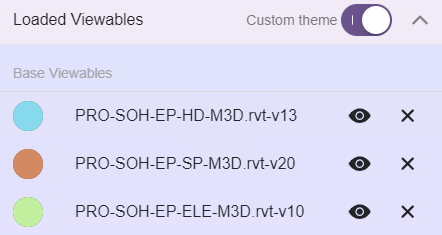 Una lista de documentos cargados en el visor con un selector de colores para facilitar la visualización de múltiples modelos a la vez.