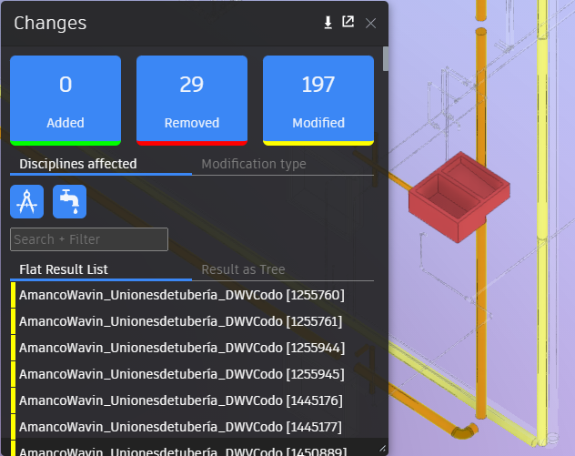 Un modelo BIM con elementos en color amarillo, para indicar que tales elementos han sufrido cambios entre una versión y otra;y, en color rojo, indicando que tales elementos dejaron de existir de una versión a otra.