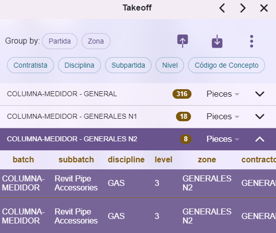 Una captura de pantalla que muestra el catálogo de conceptos agrupado a conveniencia: primero por partida y después por zona.